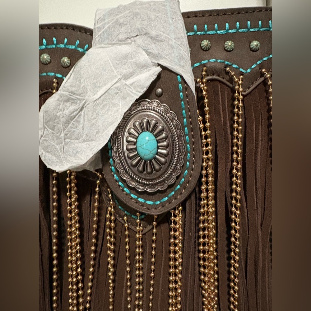 Montana West Brown Fringe Crossbody with Turquoise Accents